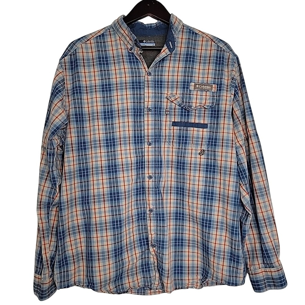 Columbia Shirt Mens Long Sleeve Large Perf Hunting Gear Blue Orange Plaid Button